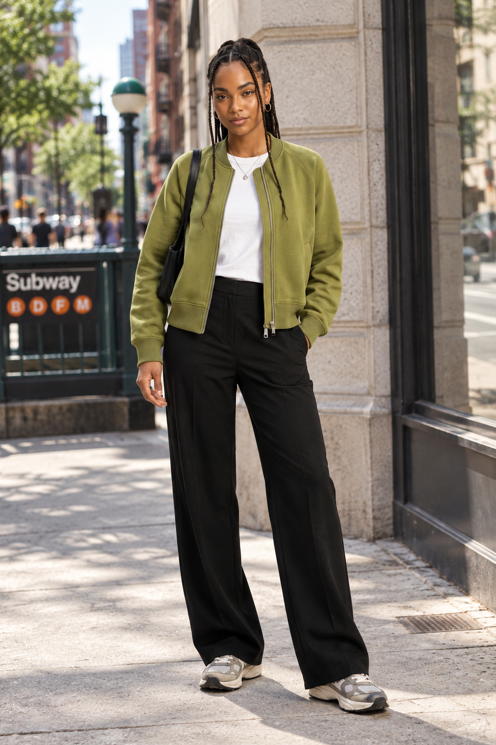 A woman stands on a city sidewalk wearing an olive green bomber jacket, black wide-leg pants, a white top, and gray sneakers, with a black shoulder bag.