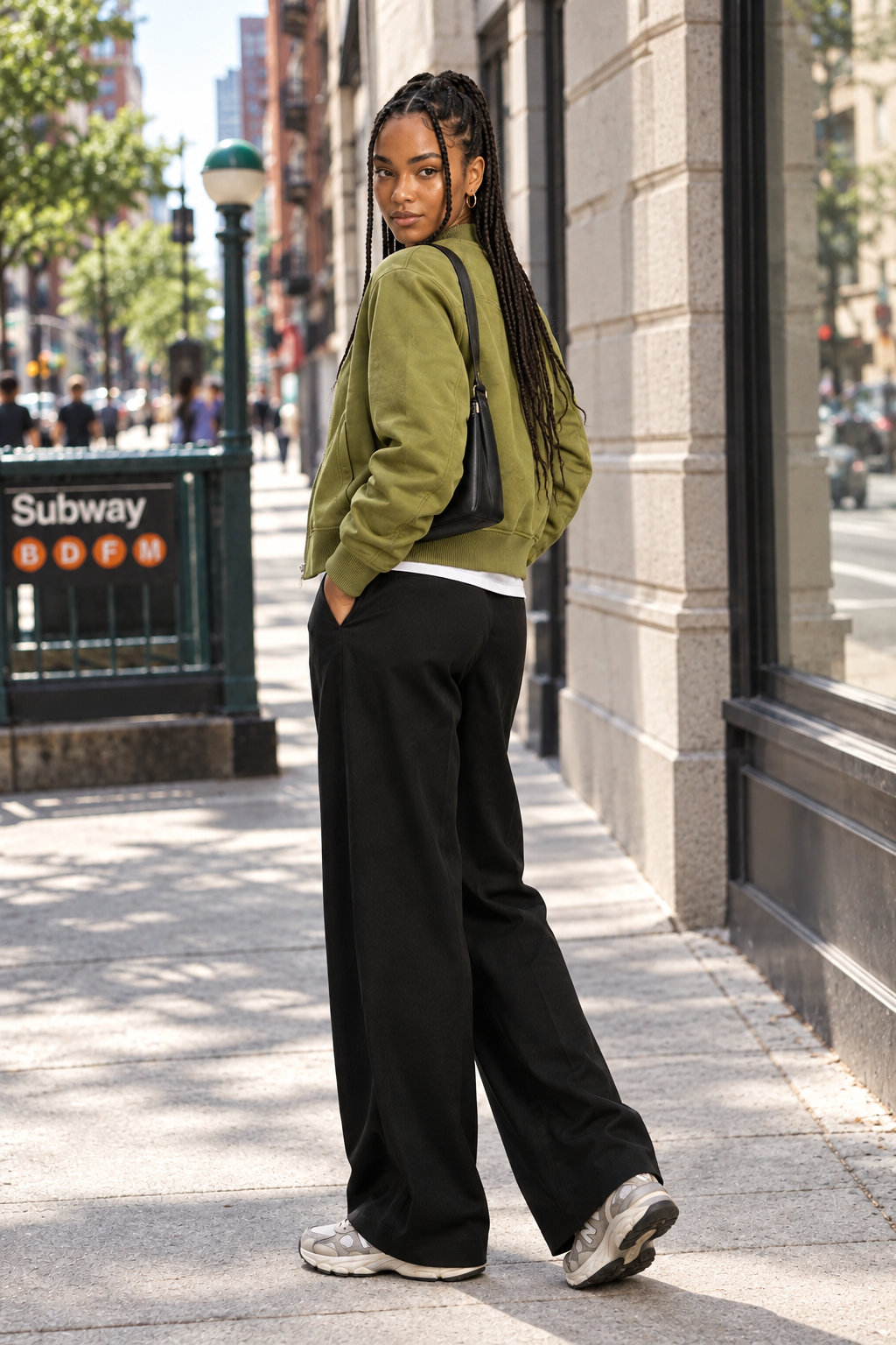 A woman stands on a city sidewalk wearing an olive green bomber jacket, black wide-leg pants, and gray sneakers, with a black shoulder bag. A Subway entrance is visible in the background.
