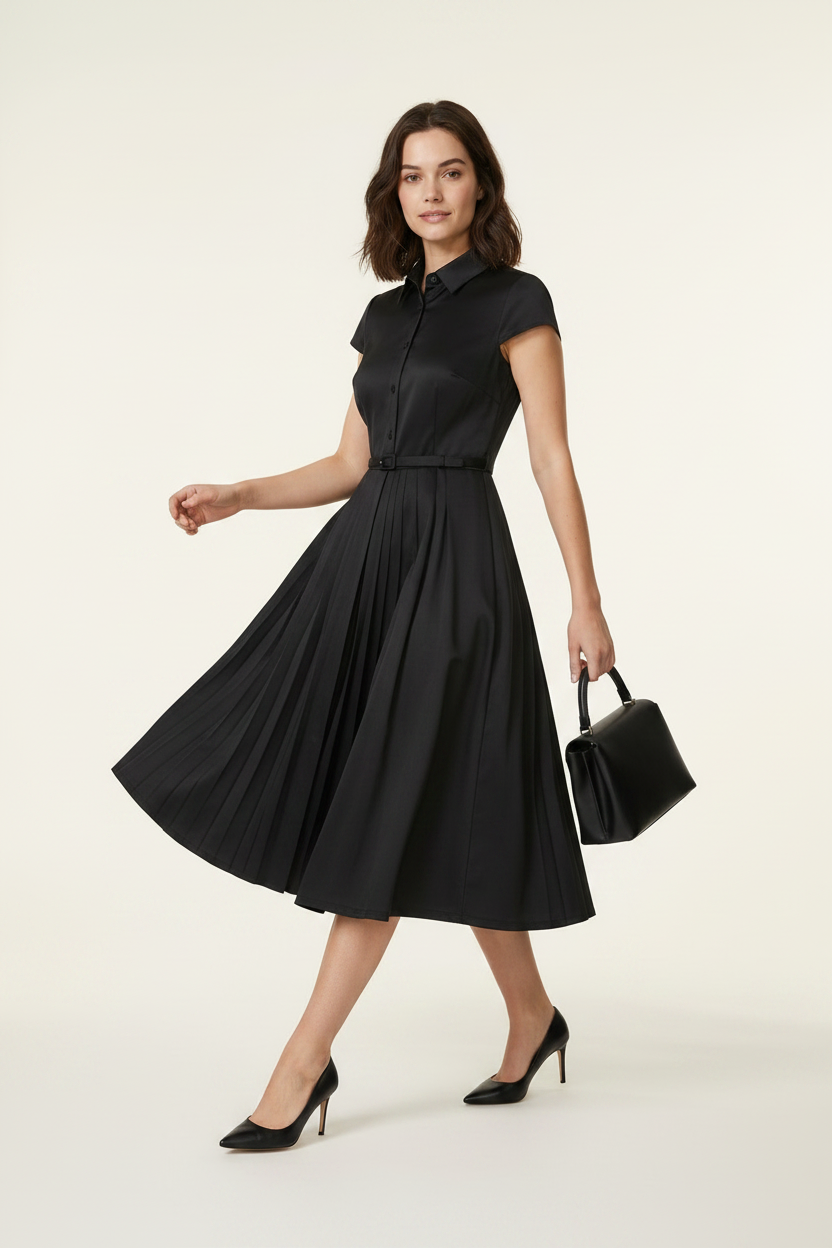 A woman modeling a black short-sleeve midi dress with a button-front bodice and flared skirt, holding a small black handbag against a plain light beige studio background.