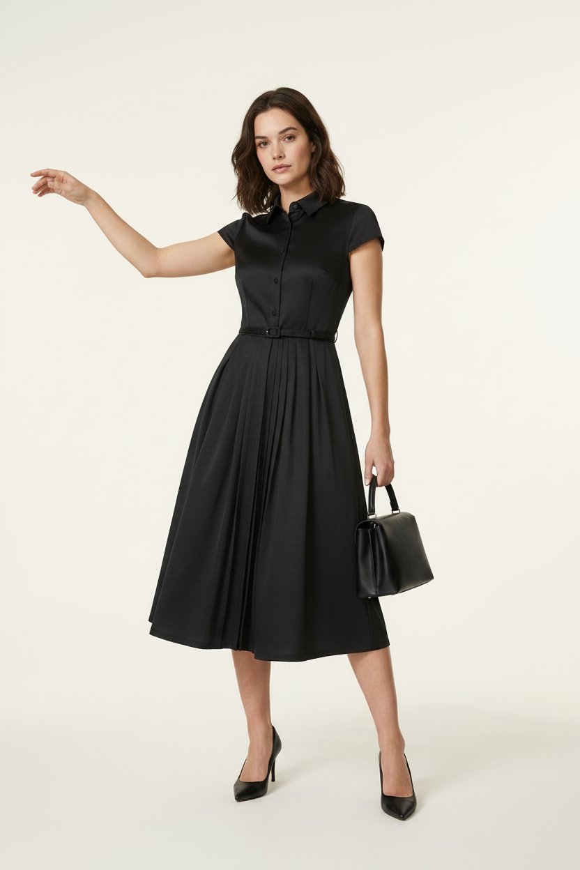 A woman modeling a black short-sleeve midi dress with a button-front bodice and flared skirt, holding a small black handbag against a plain light beige studio background.
