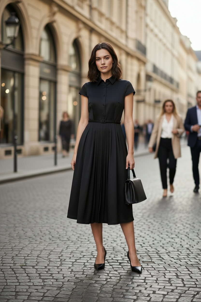 A woman stands on a cobblestone city street wearing a black midi dress with short sleeves, a pointed collar, a button front, and a pleated skirt. She is holding a black handbag and wearing black heels.