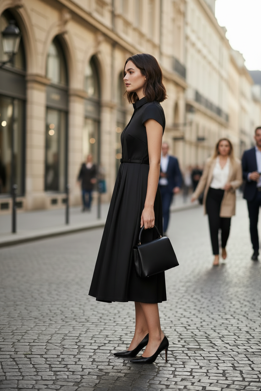 A woman stands on a cobblestone city street wearing a black short-sleeve midi dress with a structured collar and a pleated skirt, holding a black handbag.