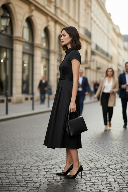 A woman stands on a cobblestone city street wearing a black short-sleeve midi dress with a structured collar and a pleated skirt, holding a black handbag.