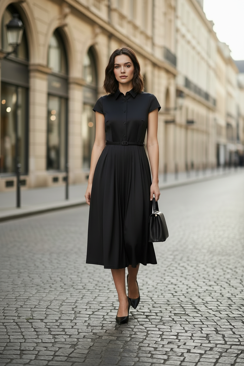 A woman stands on a cobblestone city street wearing a black midi dress with short sleeves, a pointed collar, a button front, and a pleated skirt. She is holding a black handbag and wearing black heels.