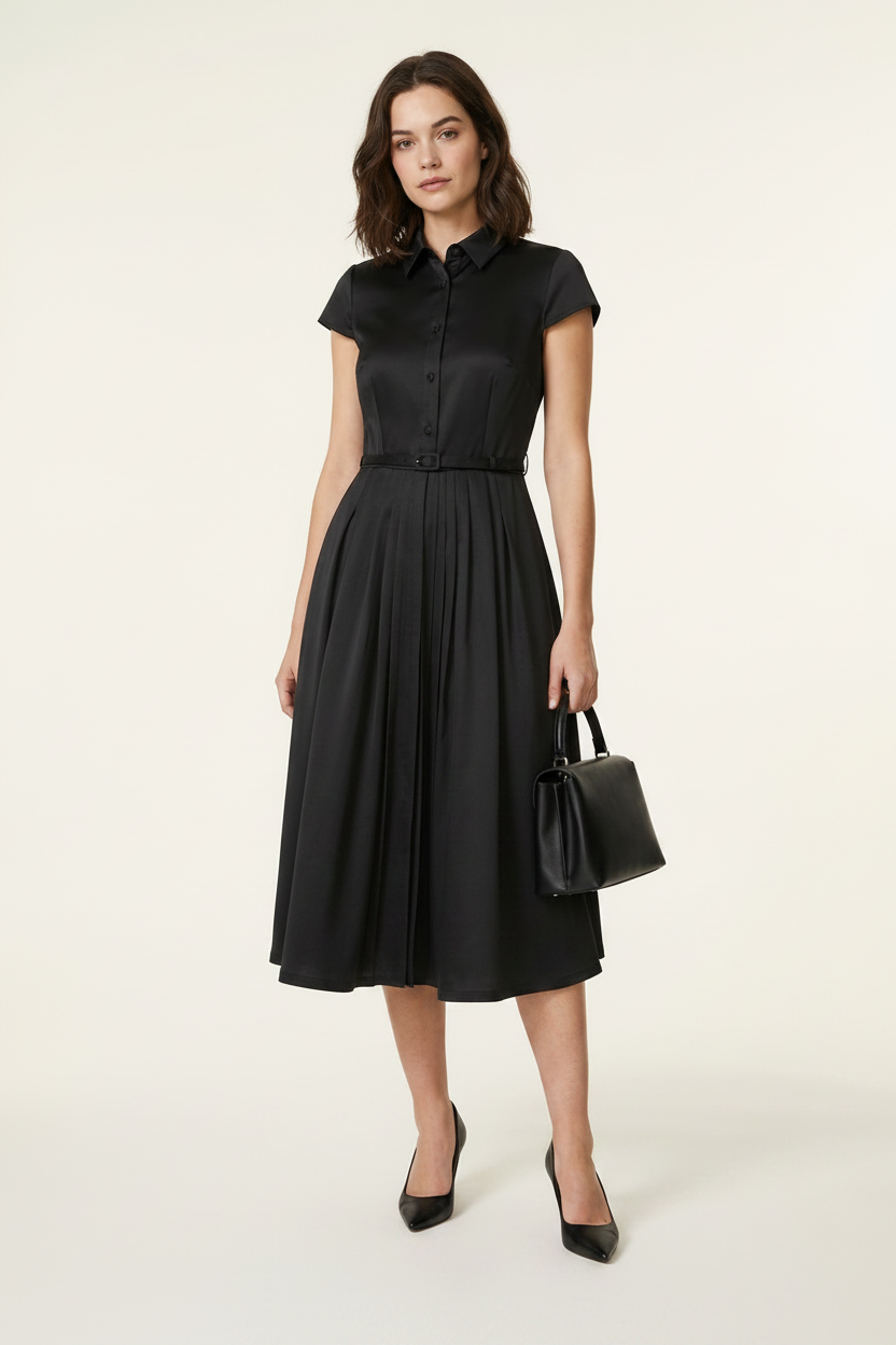 A woman modeling a black short-sleeve midi dress with a button-front bodice and flared skirt, holding a small black handbag against a plain light beige studio background.