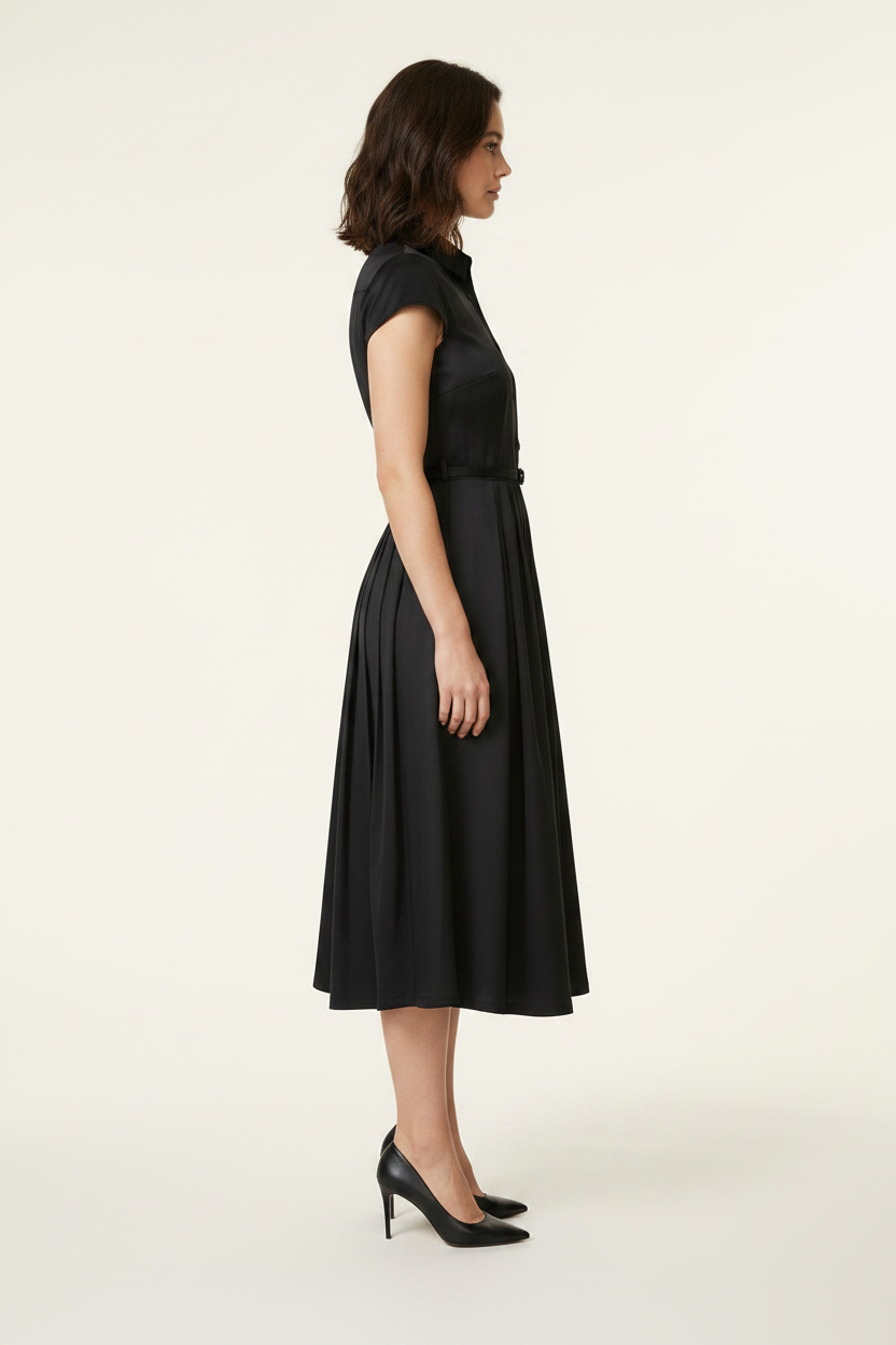 A woman modeling a black short-sleeve midi dress with a button-front bodice and flared skirt, holding a small black handbag against a plain light beige studio background.