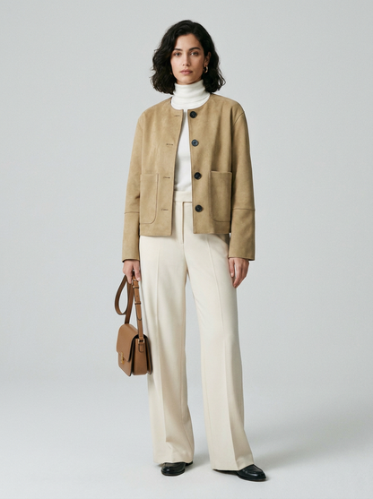 A woman stands against a light gray studio background wearing a beige cropped jacket over a white turtleneck, cream wide-leg trousers, and black shoes, while holding a small tan handbag.