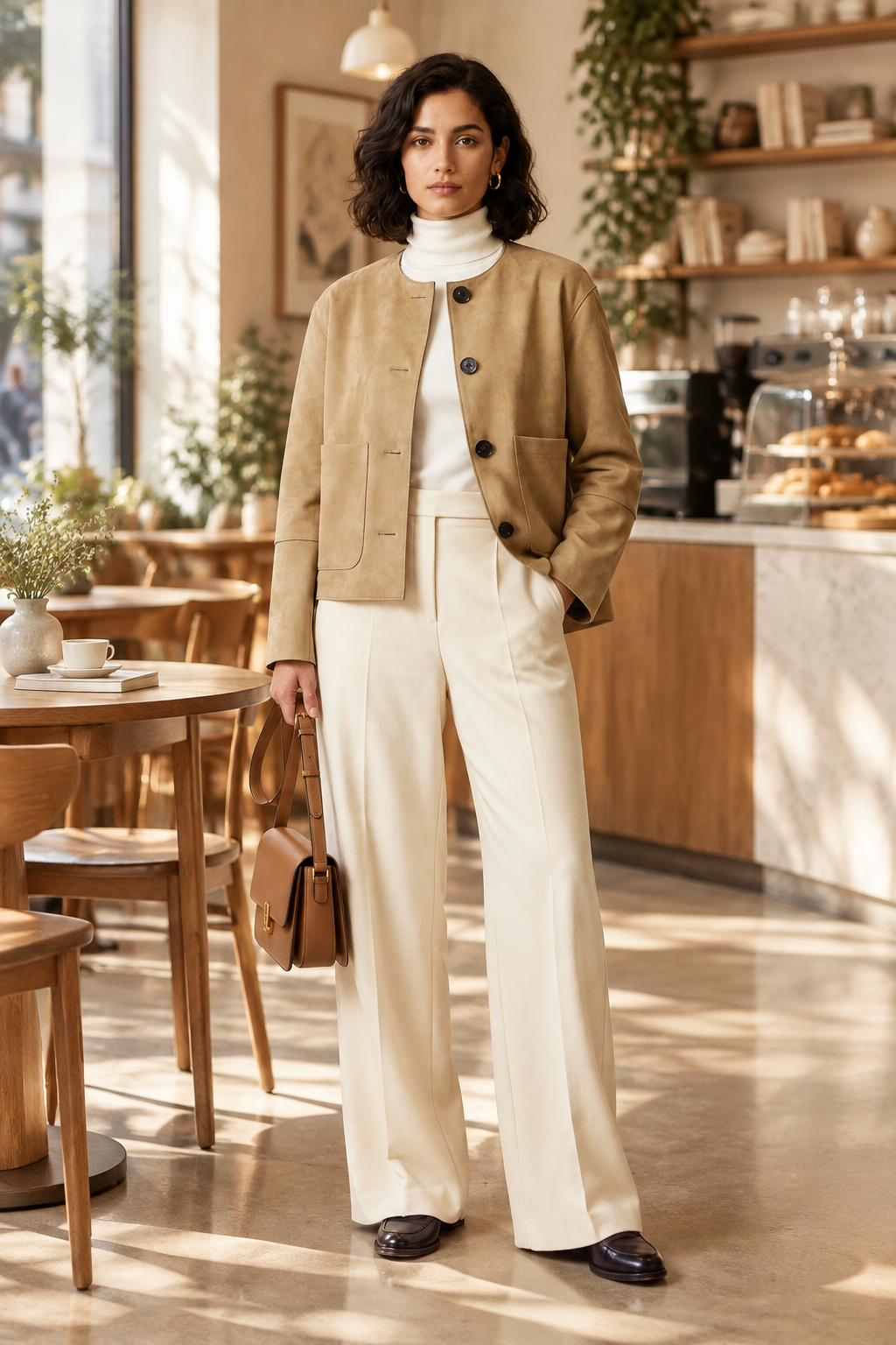 A woman stands in a sunlit cafe wearing a beige suede jacket over a white turtleneck, paired with cream wide-leg trousers and black loafers. She holds a small tan handbag.