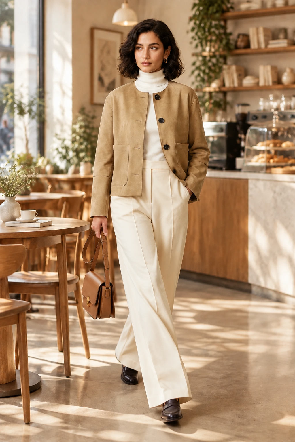 A woman stands in a sunlit cafe wearing a tan cropped jacket over a white turtleneck, paired with cream wide-leg trousers and black loafers, while carrying a small tan handbag.