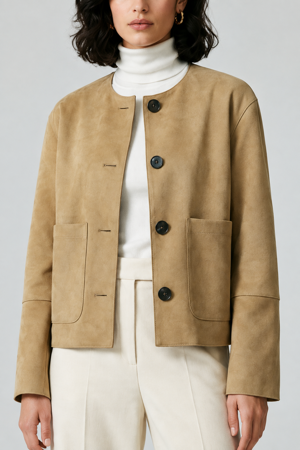 A model wearing a cropped tan suede jacket with dark buttons over a white turtleneck and cream trousers, shot against a light gray studio background.