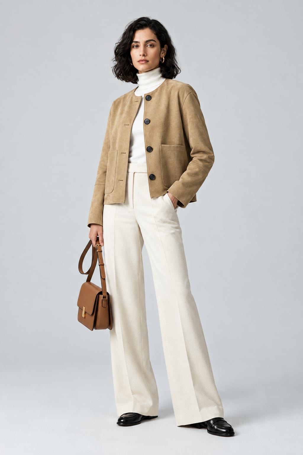 A model stands against a light gray studio background wearing a beige cropped jacket over a white turtleneck, paired with wide-leg cream trousers, black shoes, and carrying a brown handbag.