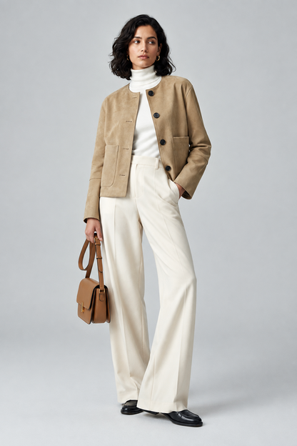 A model stands against a light gray studio background wearing a beige cropped jacket over a white turtleneck, cream wide-leg trousers, and black loafers, while holding a small tan handbag.