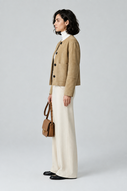 A woman stands in profile wearing a tan cropped jacket over a white mock-neck top, cream wide-leg trousers, and black loafers, while holding a small brown handbag against a light gray studio background.