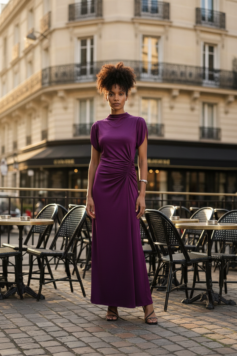 A woman stands on a cobblestone street in front of a Parisian-style building, wearing a sleeveless, high-neck, floor-length purple dress with a gathered twist detail at the waist. Black patio chairs and tables are visible in the background.