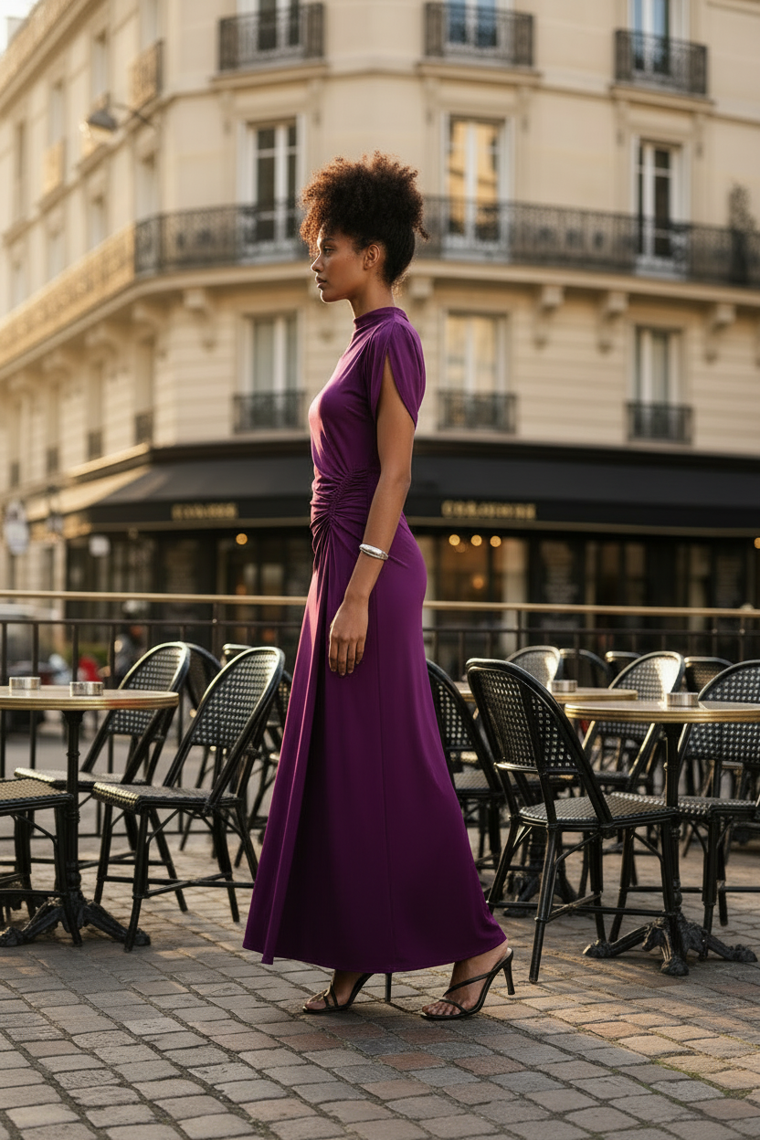 A woman stands on a cobblestone street in front of a Parisian-style building, wearing a sleeveless, high-neck, floor-length purple dress with a gathered twist detail at the waist. Black patio chairs and tables are visible in the background.