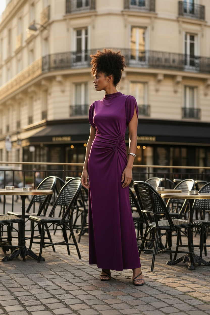 A woman stands on a cobblestone street in front of a Parisian-style building, wearing a sleeveless, high-neck, floor-length purple dress with a gathered twist detail at the waist. Black patio chairs and tables are visible in the background.