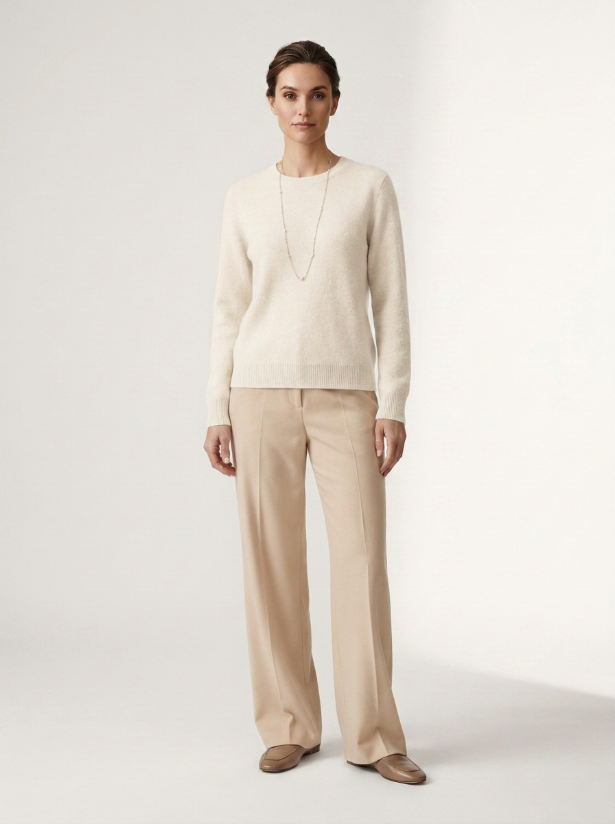 A woman stands against a plain light studio background wearing a cream knit sweater, beige wide-leg trousers, and brown loafers.