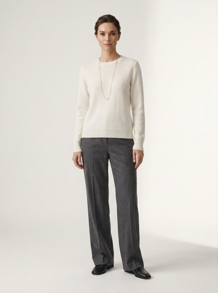 Crew Neck Merino Wool Pullover Minimalist Winter Knit Sweater in White, studio shot