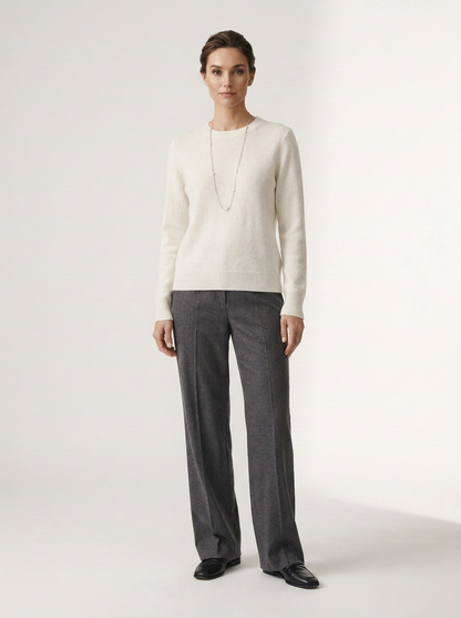 Crew Neck Merino Wool Pullover Minimalist Winter Knit Sweater in White, studio shot