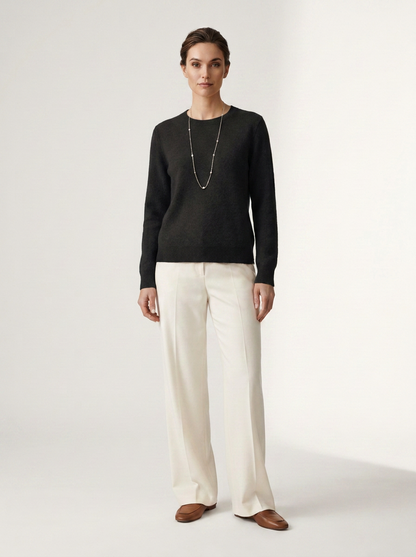 Crew Neck Merino Wool Pullover Minimalist Winter Knit Sweater in Black, studio shot