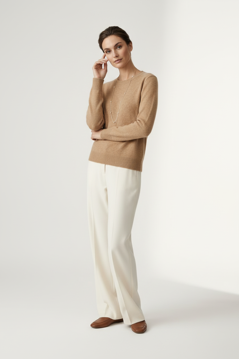 A woman stands against a plain light studio background wearing a tan knit sweater, off-white wide-leg trousers, and brown loafers, with a long silver necklace.