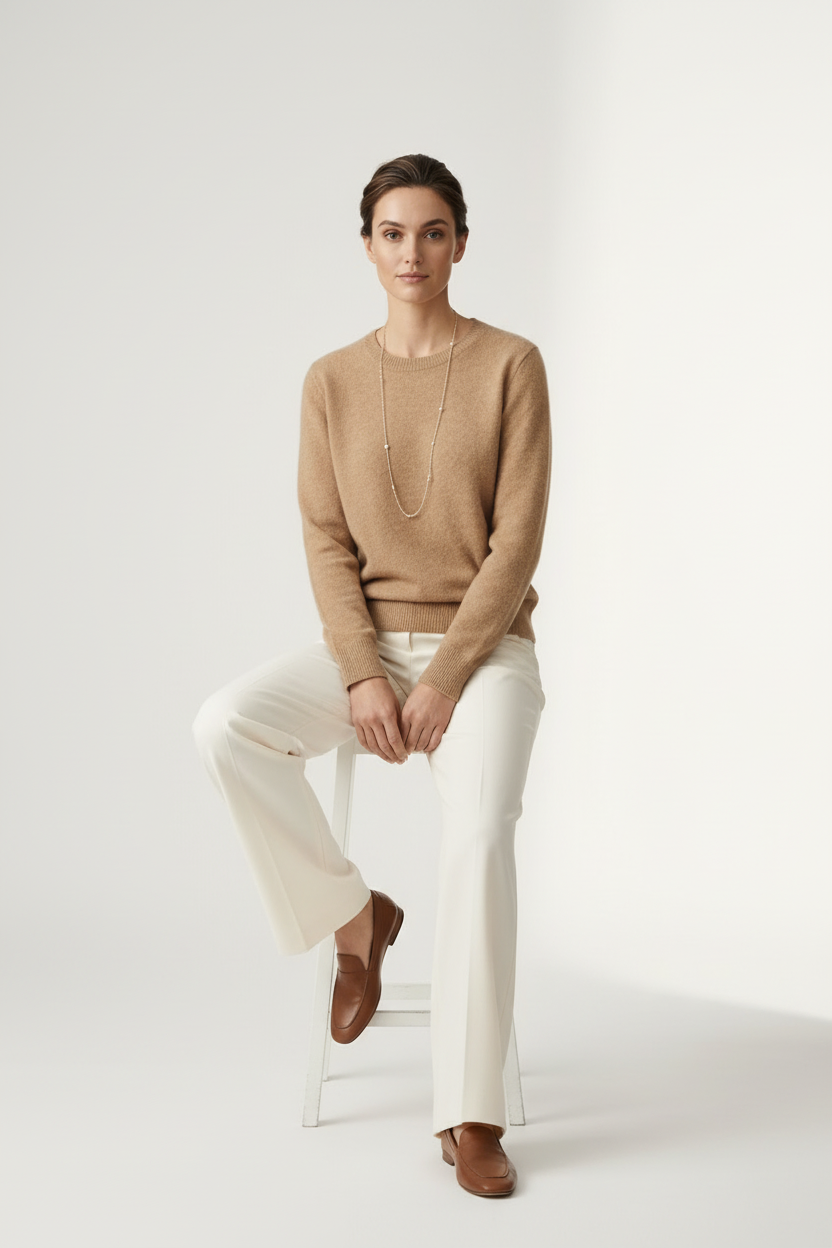 A woman stands against a plain light studio background wearing a tan knit sweater, off-white wide-leg trousers, and brown loafers, with a long silver necklace.