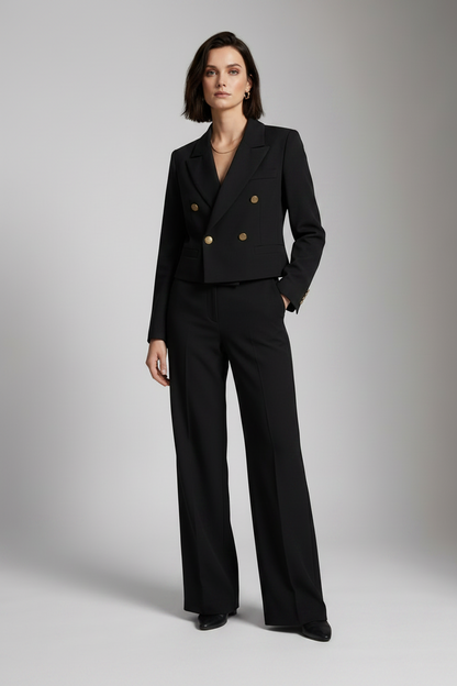 Cropped Double-Breasted Blazer with Gold Button Detail in Black, studio shot (1 of 6)