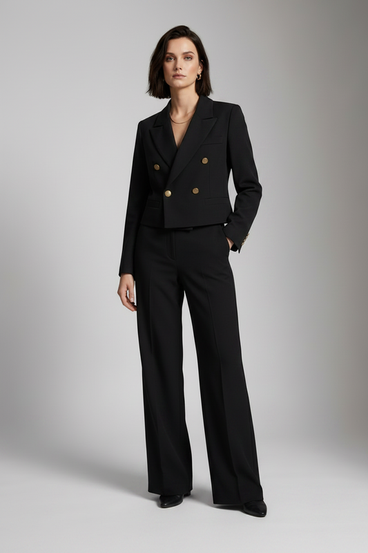 Cropped Double-Breasted Blazer with Gold Button Detail in Black, studio shot (1 of 6)