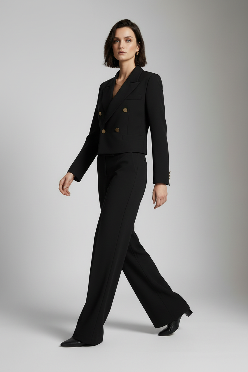A model stands against a light gray studio background wearing a tailored black double-breasted blazer with gold buttons and matching wide-leg trousers.