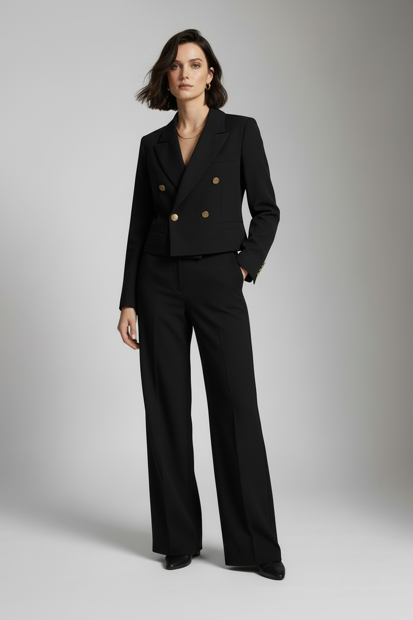 A model stands against a light gray studio background wearing a tailored black double-breasted blazer with gold buttons and matching wide-leg trousers.