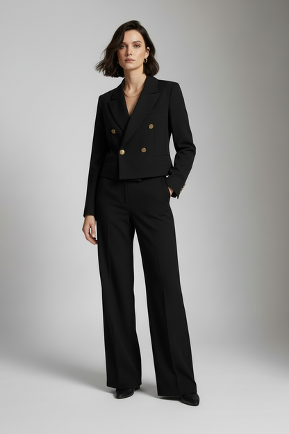 A model stands against a light gray studio background wearing a tailored black double-breasted blazer with gold buttons and matching wide-leg trousers.