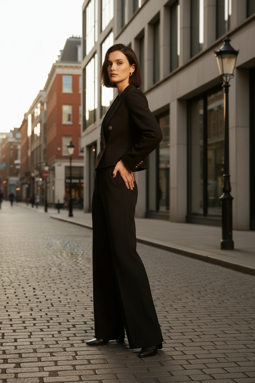A woman stands on a cobblestone city street wearing a tailored dark brown double-breasted blazer and matching wide-leg trousers with gold-tone buttons. Buildings, windows, and a street lamp are visible in the background.