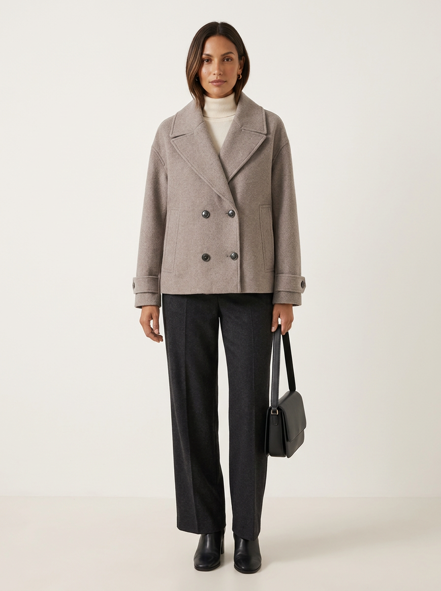 A woman stands against a plain light beige studio background wearing a double-breasted taupe wool-blend coat over a white turtleneck, dark charcoal wide-leg trousers, black ankle boots, and holding a structured black handbag.
