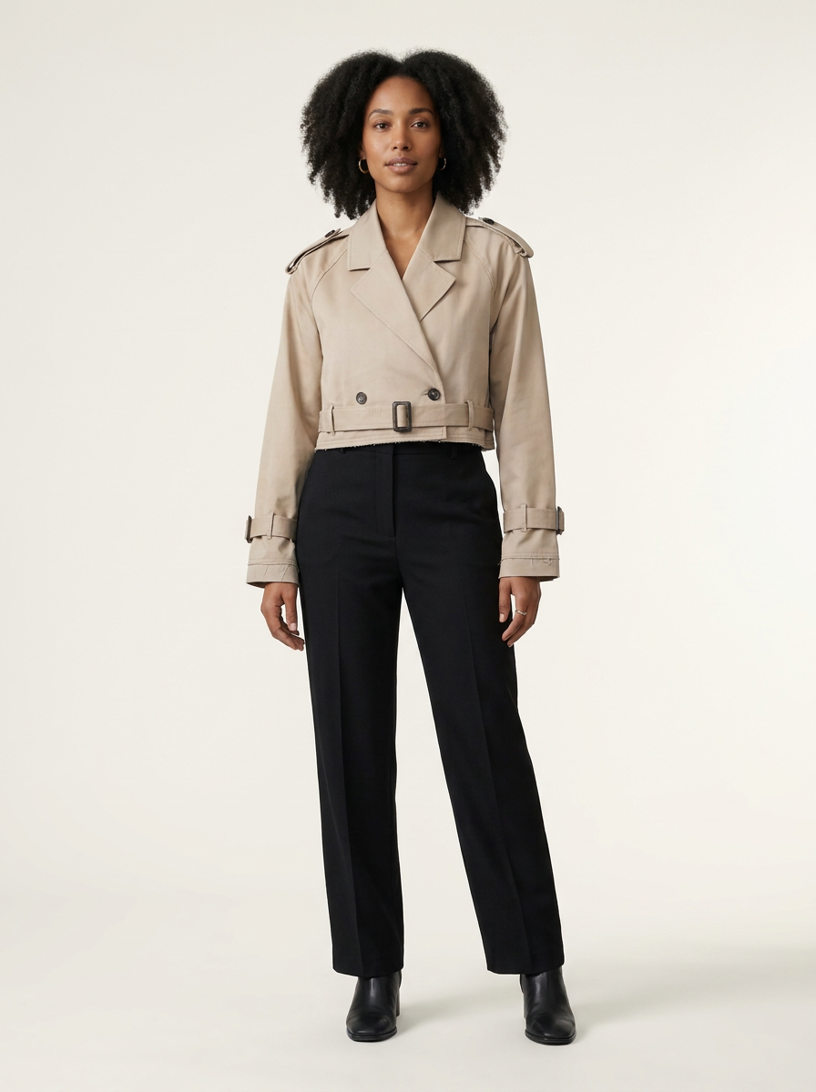 A model stands against a plain light background wearing a beige trench-style jacket with shoulder epaulets and a belt, paired with black trousers and black ankle boots.