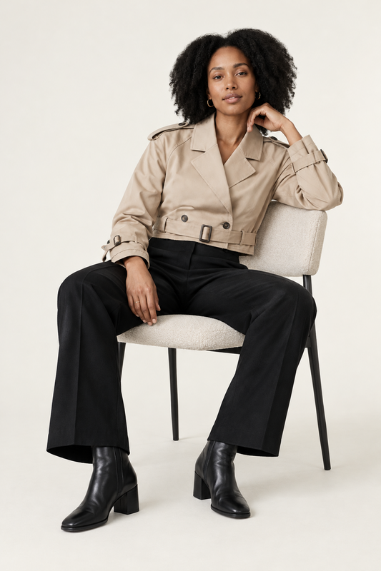 A model stands against a plain light background wearing a beige trench-style jacket with shoulder epaulets and a belt, paired with black trousers and black ankle boots.