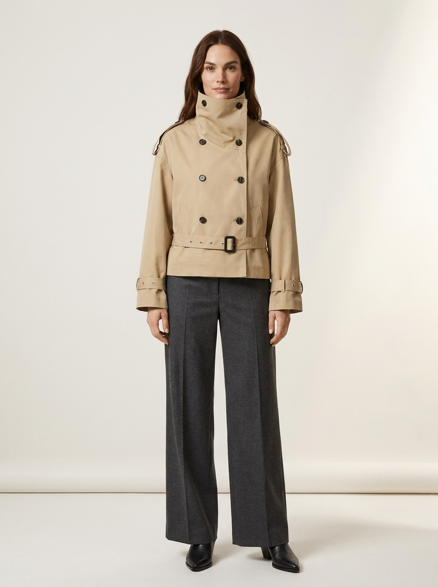 A model stands against a plain off-white studio background wearing a beige double-breasted trench coat with a high collar and dark charcoal wide-leg trousers.