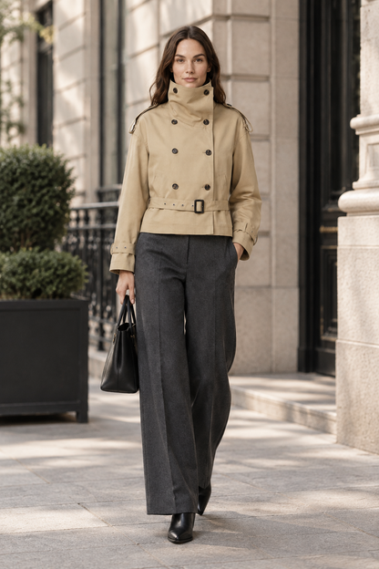A woman walking outdoors on a city sidewalk wearing a beige double-breasted trench-style jacket with a high collar and a matching belt, paired with dark charcoal wide-leg trousers and black ankle boots. She is holding a black handbag.