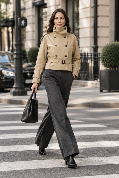 A woman walking across a city crosswalk wearing a beige double-breasted trench jacket, dark gray wide-leg trousers, and black ankle boots, while carrying a black leather handbag.