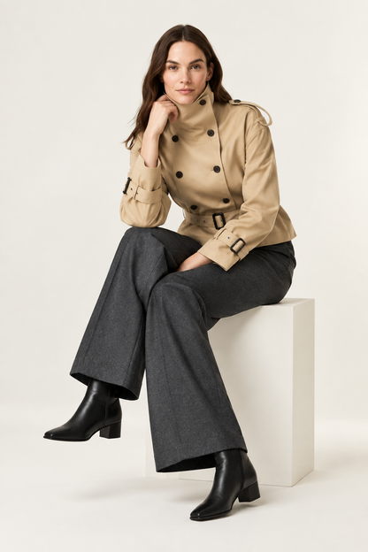 A woman sits on a white cube in a studio setting, wearing a beige double-breasted trench coat, dark gray wide-leg trousers, and black ankle boots.