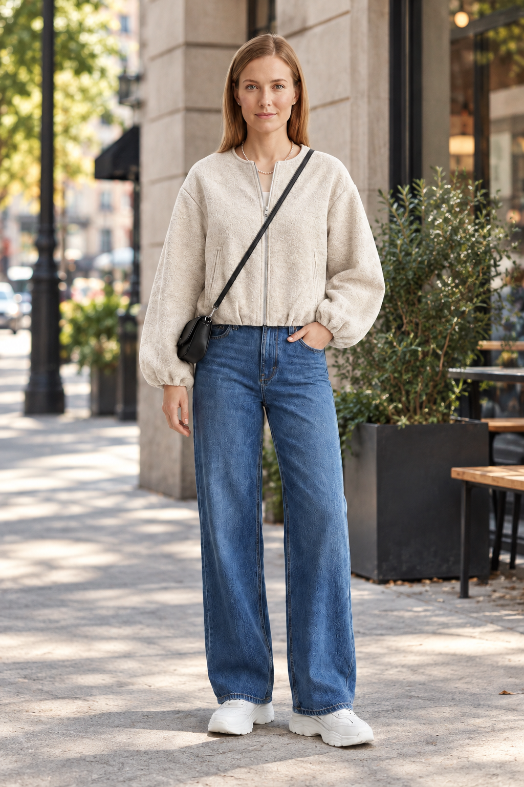 A woman stands against a light gray studio background wearing a cream sherpa zip-up jacket, blue wide-leg jeans, white sneakers, and a small black crossbody bag.