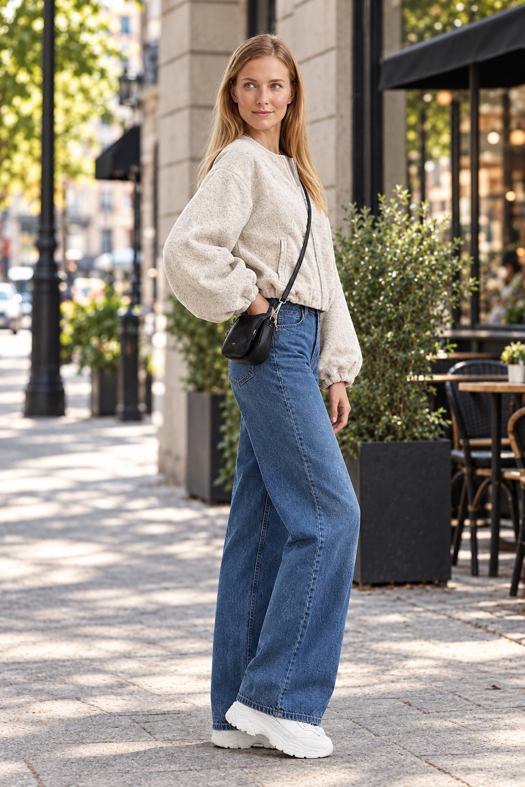 A woman stands on a city sidewalk wearing a cream fuzzy cropped zip-up sweater, wide-leg blue jeans, white sneakers, and a small black crossbody bag.