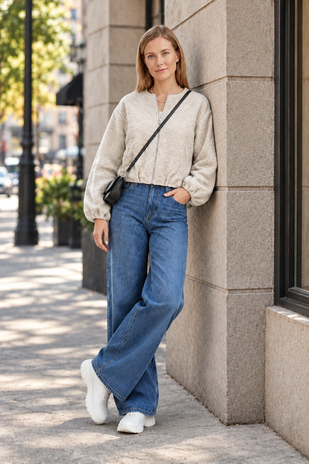 A woman stands on a city sidewalk wearing a cream fuzzy cropped zip-up sweater, wide-leg blue jeans, white sneakers, and a small black crossbody bag.