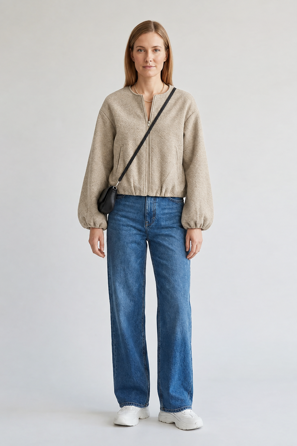 Cropped Fleece Bomber Jacket with Balloon Sleeves in Khaki, studio shot