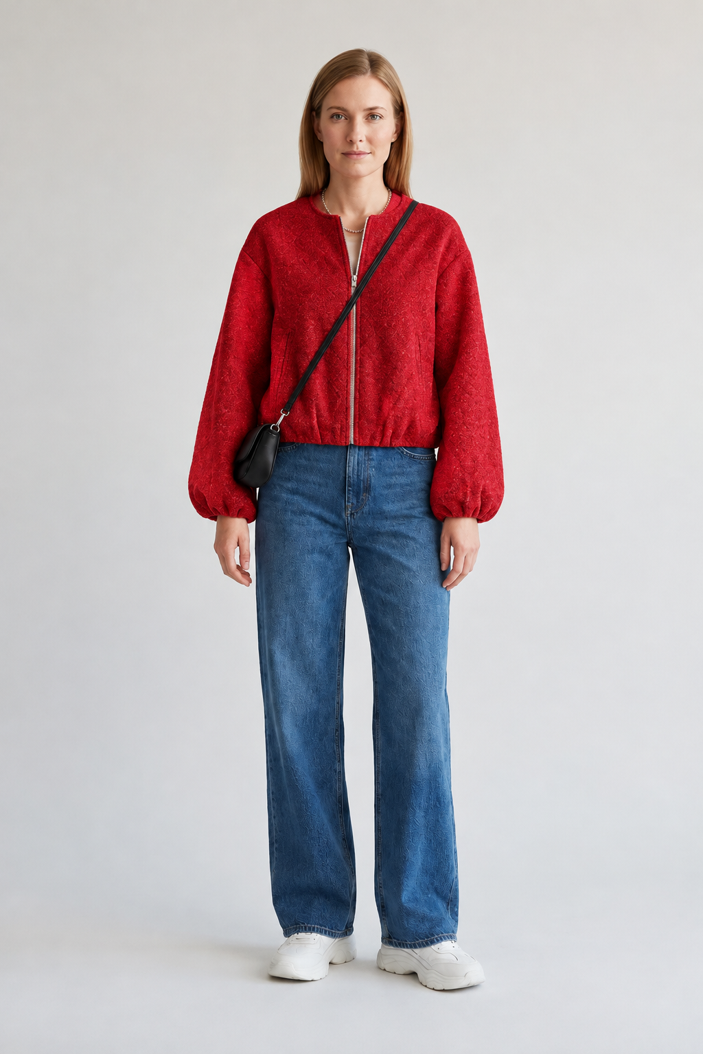 Cropped Fleece Bomber Jacket with Balloon Sleeves in Red, studio shot