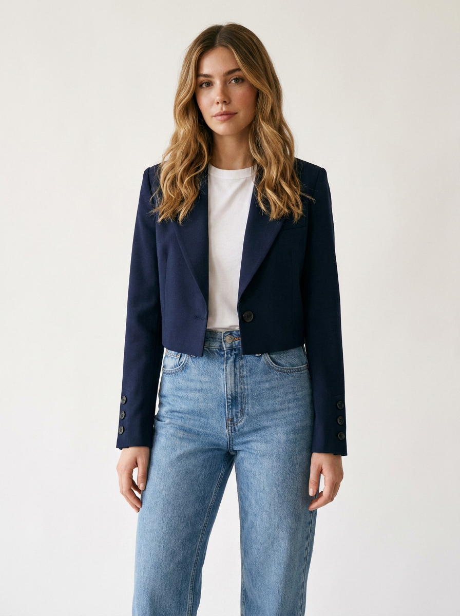 A woman modeling a cropped navy blue blazer over a white t-shirt and light-wash blue jeans, standing against a plain off-white studio background.