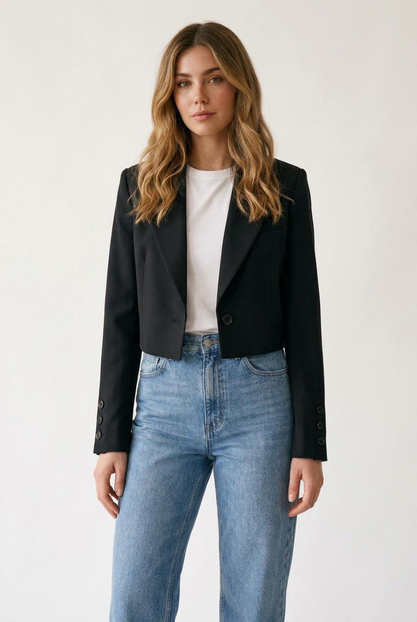 Cropped Single Button Blazer with Notched Lapels in Black, studio shot