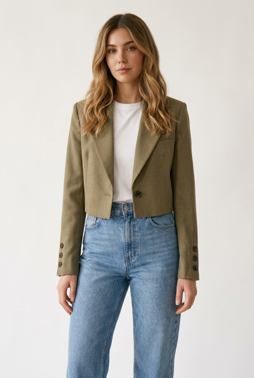 Cropped Single Button Blazer with Notched Lapels in Khaki, studio shot
