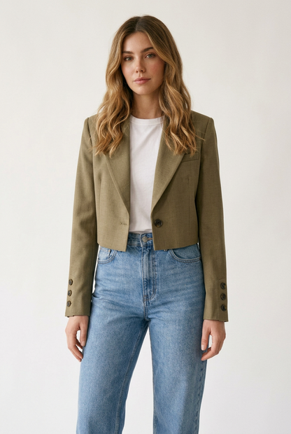 Cropped Single Button Blazer with Notched Lapels in Khaki, studio shot