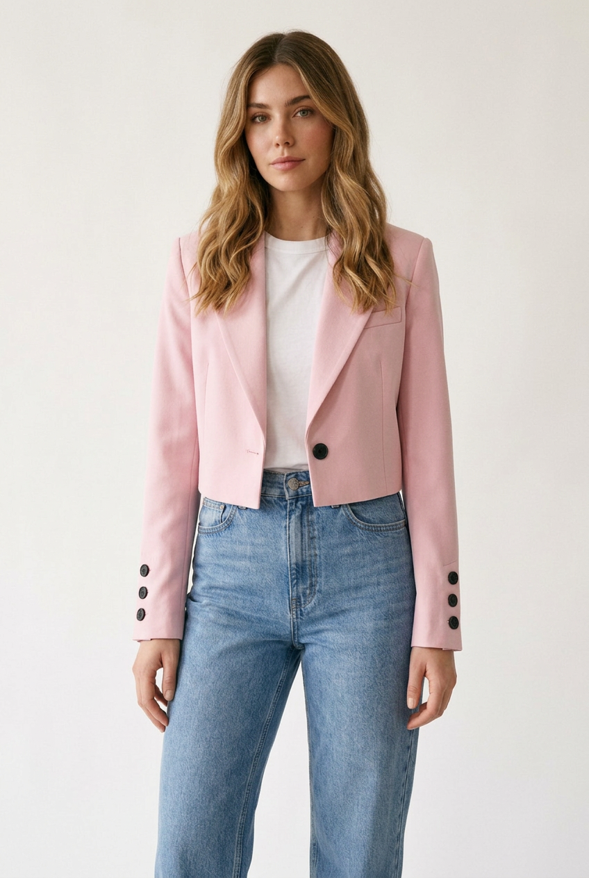 Cropped Single Button Blazer with Notched Lapels in Pink, studio shot