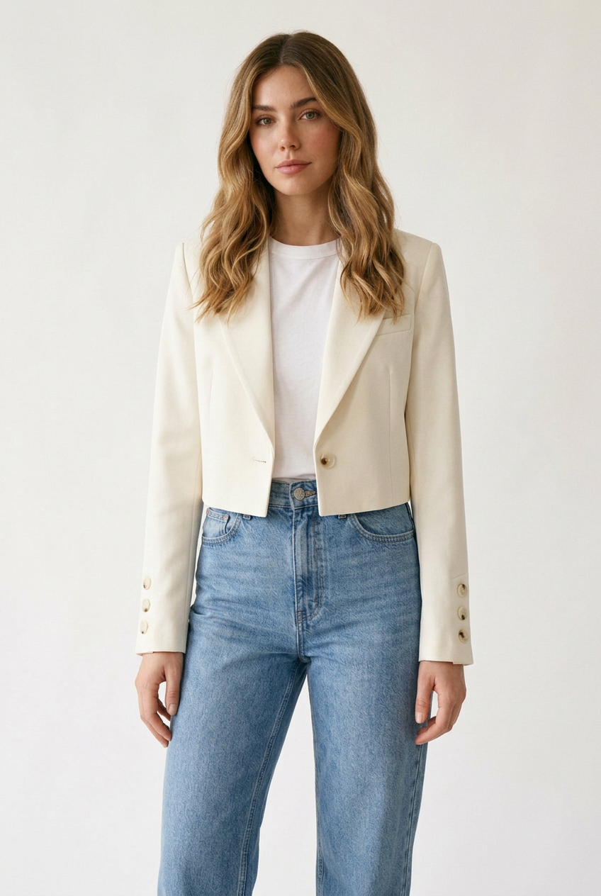 Cropped Single Button Blazer with Notched Lapels in Beige, studio shot